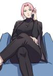  1girl artist_name belt black_jacket black_pants black_shirt breasts cellphone closed_mouth commentary cropped_shirt crossed_legs earrings english_commentary eyelashes from_below green_eyes hair_up haruno_sakura head_tilt highres holding holding_phone jacket jacket_on_shoulders jewelry long_sleeves looking_at_viewer mayuki1 medium_breasts midriff naruto_(series) naruto_shippuuden necklace off_shoulder open_clothes open_jacket pants phone pink_hair pink_lips shirt simple_background sitting smartphone suit_jacket turtleneck white_background white_belt 