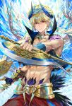  1boy absurdres axe battle_axe blonde_hair blue_vest earrings fate/grand_order fate_(series) gauntlets gilgamesh_(caster)_(fate) gilgamesh_(fate) highres holding holding_axe jewelry male_focus red_eyes short_hair single_gauntlet tattoo turban upper_body user_fxnj7355 vest weapon white_turban 