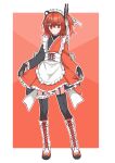  1girl absurdres adachi_rei alternate_costume black_gloves black_thighhighs boots commentary_request frills full_body garter_straps gloves hair_ornament hair_ribbon hairband hairclip headset highres long_sleeves maid maid_headdress medium_hair multicolored_boots noir_(noire6959) one_side_up orange_eyes orange_hair ribbon simple_background thighhighs utau 