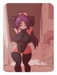  1boy 1girl arms_behind_head black_leotard black_thighhighs blanket bleach breasts closed_eyes elbow_gloves gloves highleg highleg_leotard highres implied_after_sex large_breasts leotard lying mabufuyo open_mouth ponytail purple_hair shihouin_yoruichi skindentation smile thighhighs urahara_kisuke 