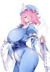  1girl blue_dress blue_hat commentary dress hat highres long_sleeves looking_at_viewer pink_eyes pink_hair puffy_long_sleeves puffy_sleeves raptor7 saigyouji_yuyuko short_hair simple_background smile solo touhou triangular_headpiece untranslatable_commentary white_background wide_sleeves 