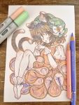  1girl animal_ear_fluff animal_ear_piercing animal_ears art_tools_in_frame blush bow brown_eyes brown_hair cat_ears cat_tail chen commentary_request earrings gloves green_hat hat hat_bell hat_bow highres hoop_earrings jewelry looking_at_viewer masanaga_(tsukasa) medium_hair mob_cap multiple_tails nekomata open_mouth puffy_short_sleeves puffy_sleeves red_skirt red_vest shirt short_sleeves single_earring skirt solo tail touhou traditional_media two_tails vest white_bow white_gloves white_shirt 
