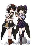  2girls black_bow black_bowtie black_hair black_skirt black_wings bow bowtie brown_eyes brown_hair cellphone checkered_clothes checkered_skirt commentary_request dade_ne feathered_wings flip_phone frilled_skirt frills full_body geta hair_bow hat highres himekaidou_hatate holding holding_notebook holding_pen holding_phone long_hair multiple_girls notebook pen phone pointy_ears pom_pom_(clothes) purple_bow purple_hat red_eyes red_hat rock shameimaru_aya shirt short_hair skirt standing tengu tengu-geta tokin_hat touhou white_shirt wings 