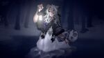  1girl animal_ears blue_shawl closed_mouth commentary crescent dress forest fur-trimmed_shawl fur_trim gnom_na_korable green_eyes grey_hair highres holding holding_lantern holding_own_dress in_water lake lantern medium_hair nature night original outdoors shawl signature snow snow_leopard_ears snow_leopard_girl snow_leopard_tail solo standing tail white_dress 