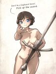  1girl blue_eyes blush breasts brown_hair collarbone commentary completely_nude contrapposto convenient_censoring cowboy_shot english_commentary english_text hand_on_own_hip highres incoming_object ironlily medium_breasts meme motion_blur navel no_pupils nude ordo_mediare_sisters_(ironlily) short_hair simple_background smile solo sword throwing toned toned_female weapon weapons_instructor_(ironlily) woe_plague_be_upon_ye_(meme) 