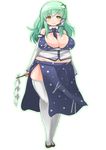  bare_shoulders breasts detached_sleeves fat frog_hair_ornament gohei green_hair hair_ornament huge_breasts kochiya_sanae lipstick long_hair looking_at_viewer makeup necktie plump shinobe side_cutout skirt smile snake_hair_ornament solo thick_thighs thighs touhou white_legwear wide_hips yellow_eyes 