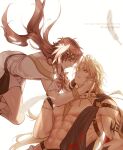  2boys abs ancient_greek_clothes artist_name bags_under_eyes black_robe blonde_hair bracelet brown_eyes brown_hair eiden_(nu_carnival) feathers flower_wreath gem greco-roman_clothes harness head_wings highres jewelry large_pectorals long_hair male_focus multiple_boys muscular muscular_male necklace nipples nu_carnival nyapipism official_alternate_costume official_alternate_hairstyle orange_eyes pectoral_cleavage pectorals quincy_(countless_conquests)_(nu_carnival) quincy_(nu_carnival) robe simple_background spiked_hair tattoo toga white_background wings yellow_gem 