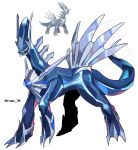  absurdres black_sclera claws colored_sclera dialga full_body highres horns karmaho looking_at_viewer no_humans official_art_inset pokemon pokemon_(creature) pokemon_focus red_eyes simple_background tail 