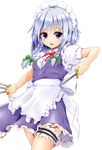  apron between_fingers blue_dress bow braid dress hair_bow highres izayoi_sakuya knife leg_garter maid maid_headdress puffy_short_sleeves puffy_sleeves purple_eyes shiron_(e1na1e2lu2ne3ru3) shirt short_sleeves silver_hair simple_background solo touhou twin_braids waist_apron white_background 