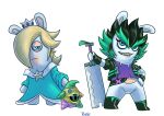  2021 absurd_res amethyst_(gem) anthro artist_name bangs belt bent_arm black_boots black_clothing black_footwear black_hair black_handwear black_jacket black_mittens black_topwear blonde_hair blue_clothing blue_dress blue_eyes boots bored closed_frown clothed clothed_anthro clothed_female clothing colored crossover crown digital_drawing_(artwork) digital_media_(artwork) dress ear_piercing edge_(mario_plus_rabbids) english_description eyebrows eyelashes featureless_crotch featureless_legs female female_anthro flat_chested footwear frown frowning_at_viewer fur furrowed_eyebrows gem green_belt green_eyebrows green_hair group gun hair hair_over_eye hand_on_hip hand_on_own_hip handwear headgear hi_res holding_gun holding_melee_weapon holding_object holding_ranged_weapon holding_sword holding_weapon jacket lagomorph light lighting long_ears long_hair male mammal mario_bros mario_plus_rabbids_sparks_of_hope melee_weapon mitten_hands mittens mouth_closed multicolored_body multicolored_hair nintendo no_eyebrows noseless open_belt open_clothing open_jacket open_topwear pantsless_anthro pantsless_female piercing purple_clothing purple_ear_piercing purple_eyelids purple_shirt purple_topwear rabbid rabbid_rosalina ranged_weapon raving_rabbids rayman_(series) rubtox sapphire_(gem) seam_(sewing) shaded sharp_teeth shirt shoes short_hair simple_background smile smiling_at_viewer spiky_hair standing star_ear_piercing sword tan_body tan_eyelids tan_inner_ear tan_skin teeth text thick_eyebrows topwear torn_clothing torn_shirt torn_topwear two_tone_body two_tone_hair ubisoft weapon white_background white_body white_fur 