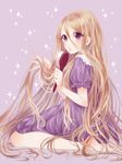  barefoot blonde_hair brush dress koushi_rokushiro long_hair purple_eyes rapunzel_(disney) sitting solo tangled very_long_hair 