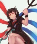  black_dress black_hair bow dress highres houjuu_nue pitchfork polearm red_bow red_eyes revenge_(vengerezn) smile snake staff touhou trident weapon wings 