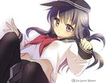  akatsuki_(kantai_collection) black_hair hat kantai_collection long_hair looking_at_viewer midriff navel pantyhose purple_eyes sasachin_(k+w) sleeves_past_wrists solo 