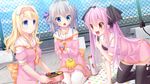  :d :o black_legwear blonde_hair blue_eyes bow braid chain-link_fence demon_tail fang fence finger_to_mouth from_side game_cg hair_intakes hair_ribbon hairband haruka_(lilium_x_triangle) hirose_sana hirose_yuuna lilium_x_triangle multiple_girls obentou open_mouth piyodera_mucha plaid plaid_bow plaid_ribbon polka_dot purple_hair red_eyes ribbon school_uniform silver_hair smile tail thermos thighhighs twin_braids two_side_up usashiro_mani v-shaped_eyebrows 