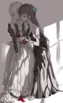  2girls absurdres apron arcaea arm_at_side assertive_female barefoot blue_eyes blue_flower blue_rose bracelet commentary covering_another's_mouth cup dress drinking_glass evening_gown flower greyscale hair_flower hair_ornament hand_over_another's_mouth hand_up highres hikari_(arcaea) holding holding_cup jewelry long_dress long_hair maid maid_headdress monochrome mop multiple_girls parted_lips pearl_bracelet pink_eyes pouring rognize rose sleeveless sleeveless_dress smile spot_color straight_hair tairitsu_(arcaea) very_long_hair waist_apron wine_glass yuri 