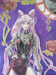  1girl absurdres bishoujo_senshi_sailor_moon black_dress black_lady_(sailor_moon) black_nails closed_mouth colored_pencil_(medium) commentary cone_hair_bun crescent crescent_facial_mark crystal_earrings double_bun dress earrings english_commentary expressionless eyeshadow facial_mark flower forehead_mark hair_bun hand_on_own_hip highres jewelry long_hair makeup painting_(medium) pink_hair purple_background purple_eyeshadow red_eyes red_flower red_lips red_rose rose solo still-healing traditional_media twintails very_long_hair watercolor_(medium) 
