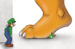3_toes being_watched blue_clothing blue_overalls blush bowser brown_hair claws clothing extreme_size_difference facial_hair feet foot_fetish footwear gloves green_body green_clothing green_hat green_headwear green_skin group hair handwear hat headgear headwear hi_res human jealous kiwifizz koopa legs_up looking_at_another luigi male male/male mammal mario_bros micro mustache nintendo overalls peeking_around_corner plantigrade raised_heel scalie shoes simple_background size_difference stomped stomping tail toe_claws toes topwear trio underfoot watching_from_afar yellow_body yoshi yoshi_(character)