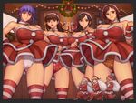  4girls ayane_(doa) bell bell_collar blue_eyes breasts brown_eyes brown_hair cleavage collar dead_or_alive dress dress_lift eliot_(doa) fingerless_gloves frown gen_fuu gloves hat ibanen kokoro_(doa) large_breasts lei_fang long_hair mila_(doa) multicolored_hair multiple_boys multiple_girls panties purple_hair red_eyes santa_costume santa_hat short_hair striped striped_legwear thighhighs underwear zack_(doa) 