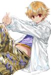  1boy blonde_hair child child_gilgamesh_(fate) fate/hollow_ataraxia fate_(series) gilgamesh_(fate) hair_between_eyes long_sleeves looking_at_viewer male_focus navel red_eyes shirt short_hair shorts simple_background solo stretching user_fxnj7355 white_background 