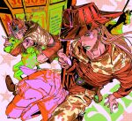  2boys cowboy_hat goggles goggles_on_headwear green_lips grills gyro_zeppeli hat heart_ornament highres horse_print horseshoe horseshoe_hat_ornament horseshoe_ornament johnny_joestar jojo_no_kimyou_na_bouken multiple_boys spurs steel_ball_(jojo) steel_ball_run yellggg 