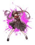  braid brown_hair danganronpa danganronpa_1 genocider_shou glasses highres ju_(ts) long_hair long_skirt long_sleeves long_tongue red_eyes round_eyewear school_uniform scissors serafuku skirt solo spoilers tongue tongue_out twin_braids very_long_hair 