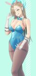  1girl absurdres akaaka animal_ear_hairband animal_ears aqua_bow aqua_bowtie asuna_(blue_archive) asuna_(bunny)_(blue_archive) blue_archive blue_eyes blue_halo blue_leotard bow bowtie breasts brown_pantyhose detached_collar fake_animal_ears feet_out_of_frame grin hair_over_one_eye hairband halo highres large_breasts leotard long_hair mole mole_on_breast official_alternate_costume pantyhose playboy_bunny rabbit_ears smile solo strapless strapless_leotard thighband_pantyhose traditional_bowtie 