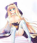  1girl archbishop areolae bed bed_sheet blonde_hair blue_eyes blush breasts breasts_outside cameltoe hair_ribbon ichika_masaya large_breasts long_hair nipples open_clothes panties ragnarok_online ribbon solo thighhighs underwear very_long_hair 