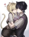  1boy 1girl absurdres ahoge alternate_costume animal_ear_fluff animal_ears aqua_trim averting_eyes bishie_sparkle black_skirt blonde_hair blue_necktie blunt_ends breast_press breasts cat_boy cat_ears cat_tail closed_mouth collared_shirt commentary contemporary couple earrings empty_eyes eyelashes genshin_impact grey_sweater_vest hair_intakes hand_on_another's_arm hand_on_another's_back hand_on_another's_waist heart hetero highres jewelry light_blush looking_at_viewer looking_to_the_side lumine_(genshin_impact) matching_outfits medium_breasts necktie official_alternate_costume one_eye_closed parted_bangs pencil_skirt purple_eyes purple_sweater_vest purple_trim scaramouche_(genshin_impact) school_uniform shirt short_hair short_hair_with_long_locks short_sleeves sidelocks skirt sweater_vest tail talking_ok tsurime undershirt wanderer_(genshin_impact) wanderer_(mega_mgc_coffee)_(genshin_impact) white_shirt white_sleeves white_wrist_cuffs wing_collar wispy_bangs wrist_cuffs yellow_eyes 