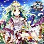  :d brown_eyes bug butterfly company_name copyright_name europa_blossom field flower flower_field green_hair hair_flower hair_ornament head_wreath hexagram insect ladybug long_hair looking_at_viewer miyase_mahiro monster_monster mountain open_mouth petals ponytail sitting smile solo wind 