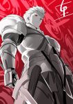  1boy absurdres amejuuri/terunomiya armor earrings fate/stay_night fate_(series) gate_of_babylon_(fate) gilgamesh_(fate) highres holding holding_sword holding_weapon jewelry male_focus red_background red_eyes solo standing sword weapon 