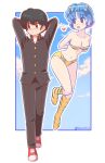  :d absurdres animal_print arms_behind_back bikini black_eyes black_hair black_pants blue_hair blush blush_stickers boots breasts brown_eyes cleavage closed_mouth cone_horns cosplay english_commentary fur_bikini gakuran geraldjess1 heart hetero highres horns lum lum_(cosplay) moroboshi_ataru moroboshi_ataru_(cosplay) pants print_bikini print_boots ranma_1/2 red_shoes saotome_ranma school_uniform shoes short_hair small_horns smile strapless strapless_bikini striped_horns swimsuit tendou_akane tiger_panties urusei_yatsura yellow_bikini yellow_boots yellow_horns 