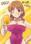  alcohol beer beer_mug breasts brown_hair cleavage cup grin holding holding_cup idolmaster idolmaster_cinderella_girls katagiri_sanae large_breasts looking_at_viewer magnetic one-piece_swimsuit one_eye_closed smile solo swimsuit translated twintails 