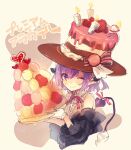  1girl ;) bare_shoulders black_jacket blush brown_hat cake_hat candle character_request closed_mouth commentary_request cropped_torso gloves hair_between_eyes hat highres jacket last_period long_sleeves looking_at_viewer nekojita_(ika_neko46) off_shoulder one_eye_closed open_clothes open_jacket purple_eyes purple_hair shirt short_hair simple_background sleeveless sleeveless_shirt smile solo white_background white_gloves white_shirt 
