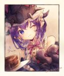  1girl ;) bare_shoulders blue_eyes border bow bowtie brown_hat buttons cake character_request closed_mouth commentary_request food hat heart heart-shaped_pupils holding holding_cake holding_food holding_plate last_period looking_at_viewer nekojita_(ika_neko46) one_eye_closed pink_bow pink_bowtie plate purple_hair shirt short_hair sleeveless sleeveless_shirt smile solo striped_bow striped_bowtie striped_clothes symbol-shaped_pupils twitter_username upper_body white_border white_shirt 