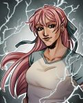  1girl artist_name beenzeene blue_ribbon earrings heart heart_earrings highres jewelry lightning long_hair looking_at_viewer pink_eyes pink_hair remi_(unordinary) ribbon shirt solo t-shirt unordinary upper_body western_comics_(style) 