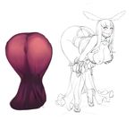  absurdres animal_ears ass bent_over blush breast_grab breasts bunny_ears butt_crack cleavage grabbing hands_on_own_knees high_heels highres large_breasts lineart lips lm_(legoman) long_hair long_skirt melona monster_girl nipples partially_colored prehensile_hair queen's_blade revealing_clothes see-through skirt solo stiletto_heels 
