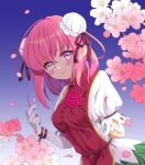  1girl arm_behind_back bandaged_arm bandages blue_background blush breasts bun_cover cherry_blossoms commentary_request cuffs double_bun eyebrows_visible_through_hair flower gradient gradient_background hand_up highres ibaraki_kasen light_smile looking_at_viewer medium_breasts petals pink_eyes pink_flower pink_hair pink_rose puffy_short_sleeves puffy_sleeves rose shirt short_hair short_sleeves shouko_(airen) simple_background skirt solo tabard touhou upper_body 