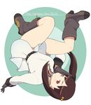  accio bad_id bad_pixiv_id boots brown_hair dress earrings gloves hair_ornament jewelry las_vegas_(accio) legs looking_at_viewer original red_eyes short_dress short_hair simple_background smile solo twintails 
