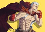  cape fingerless_gloves gloves green_eyes male_focus manly muscle persona persona_4:_the_ultimate_in_mayonaka_arena sanada_akihiko scar shirtless solo tight-web white_hair 