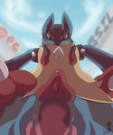  3_fingers achiga animal_genetalia animal_genitalia anthro big_penis black_fur blue_fur canine_penis cock_pointing_towards_viewer fur looking_at_viewer looking_down lucario macro male nintendo nude outside penis pointy_ears pok&eacute;mon precum red_eyes solo spikes video_games yellow_fur 