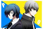  2boys blue_eyes blue_hair collared_shirt hair_over_one_eye letter male male_focus male_only mii_(793102) multiple_boys narukami_yuu necktie persona persona_3 persona_4 school_uniform shirt short_hair silver_eyes silver_hair smile text 