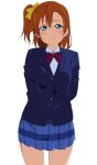  1girl arms_behind_back blazer blue_eyes blue_jacket blue_skirt blush bow bowtie breasts commission diagonal-striped_bow diagonal-striped_bowtie diagonal-striped_clothes english_commentary hair_bow highres jacket kosaka_honoka long_sleeves looking_at_viewer love_live! love_live!_school_idol_project miniskirt nagi_mkrnpn one_side_up orange_hair otonokizaka_school_uniform pleated_skirt school_uniform shirt simple_background skirt smile solo striped_bow striped_bowtie striped_clothes white_background white_shirt winter_uniform 