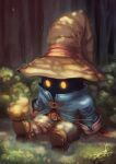  1boy black_mage_(final_fantasy) blue_coat boots chocobo coat dappled_sunlight day final_fantasy final_fantasy_ix forest gloves glowing glowing_eyes hat male_focus nature outdoors saracuervo sitting sunlight vivi_ornitier wizard_hat yellow_eyes 