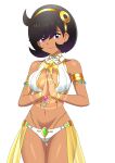  1girl absurdres alexkonakona alternate_costume armlet bikini breasts closed_mouth commentary cowboy_shot emma_(pokemon) gold_hairband hairband highres jewelry looking_at_viewer navel own_hands_together palms_together pokemon pokemon_legends:_z-a purple_eyes side_ahoge simple_background smile solo swimsuit white_background white_bikini 