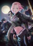  1boy 1girl absurdres alternate_universe belt black_hair black_jacket black_pantyhose black_shirt breasts city earrings full_moon green_eyes hair_between_eyes haruno_sakura highres jacket jacket_on_shoulders jewelry medium_breasts midriff moon naruto_(series) naruto_shippuuden pantyhose parted_bangs parted_lips pink_hair shirt short_hair sparkle suzu_(tg_390) uchiha_sasuke white_belt 