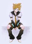  1boy absurdres bass_clef blonde_hair blue_eyes blush detached_sleeves headphones headset highres kagamine_len leg_warmers looking_at_viewer necktie sailor_collar shirt short_hair short_sleeves shorts simple_background sitting solo vocaloid white_background white_shirt yellow_nails yos_(72112764) 