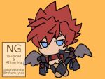  1boy artist_name black_jacket black_wings blue_eyes chibi chibi_only feathered_wings full_body granblue_fantasy half-closed_eyes jacket lowres male_focus midriff mini_wings orange_background peisma_(granblue_fantasy) red_hair rokuro_yusa simple_background solo spiked_hair watermark wings 