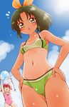  :d :o ^_^ ball bare_shoulders beachball bikini blush blush_stickers bow casual_one-piece_swimsuit closed_eyes cloud covered_navel day frilled_swimsuit frills green_eyes green_hair hair_bow hands_on_hips hoshizora_miyuki kuga_yoshito long_hair looking_down midorikawa_nao multiple_girls one-piece_swimsuit one-piece_tan open_mouth pink_hair ponytail precure sky smile smile_precure! sweat swimsuit tan tanline twintails 