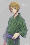  bad_id bad_twitter_id blonde_hair blue_eyes earrings green_kimono japanese_clothes jewelry kimono link male_focus pointy_ears smile solo the_legend_of_zelda tsuyu_(tsuuuyu) yukata 