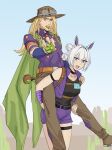  animal_ears armband ball belt black_shirt blonde_hair blue_eyes blue_sky breasts brown_hat brown_pants buttons cactus cape desert gold_teeth green_cape green_eyes green_lips gyro_zeppeli hat highres holding holding_ball horse_ears horse_girl jojo_no_kimyou_na_bouken large_breasts long_hair looking_at_viewer maven_(madeinheaven_23) multiple_belts open_mouth pants purple_shirt purple_vest shirt short_shorts shorts sky smile steel_ball_(jojo) steel_ball_run teeth tongue valkyrie_(jojo) vest white_hair 